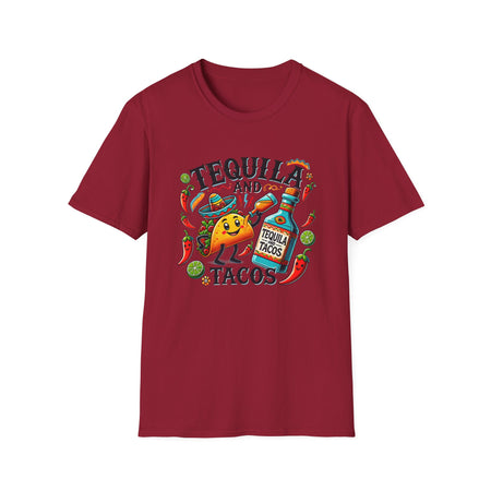 Red T-shirt with a fun 'Tequila and Tacos' design featuring a cheerful taco character, tequila bottle, lime slices, chili peppers, and festive elements. Perfect for taco and tequila enthusiasts who enjoy celebrating with a vibrant, fiesta-inspired style.