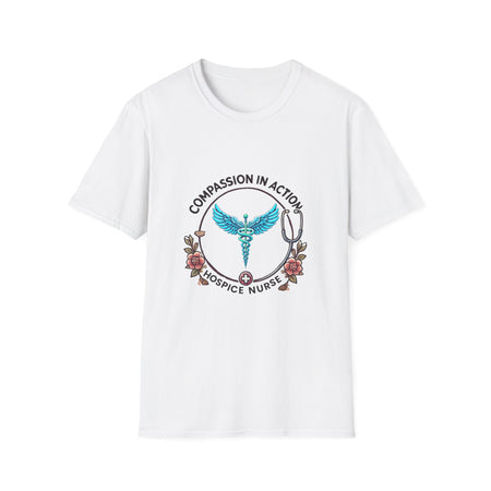 White hospice nurse t-shirt featuring the phrase 'Compassion in Action' with a medical caduceus symbol, flowers, and stethoscope graphic. Ideal for hospice nurses who bring compassion and care to their work.