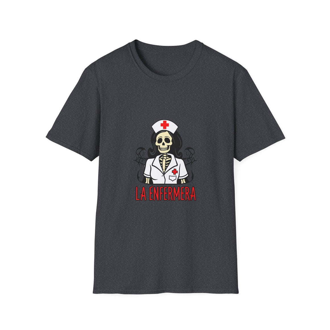 Illustration of a "La Enfermera Loteria Shirt" featuring a skeleton nurse in a white nurse's uniform with a red cross on the cap and chest. The design resembles a traditional loteria card with the text "La Enfermera" in bold red letters, perfect for Día de los Muertos and healthcare themes.
