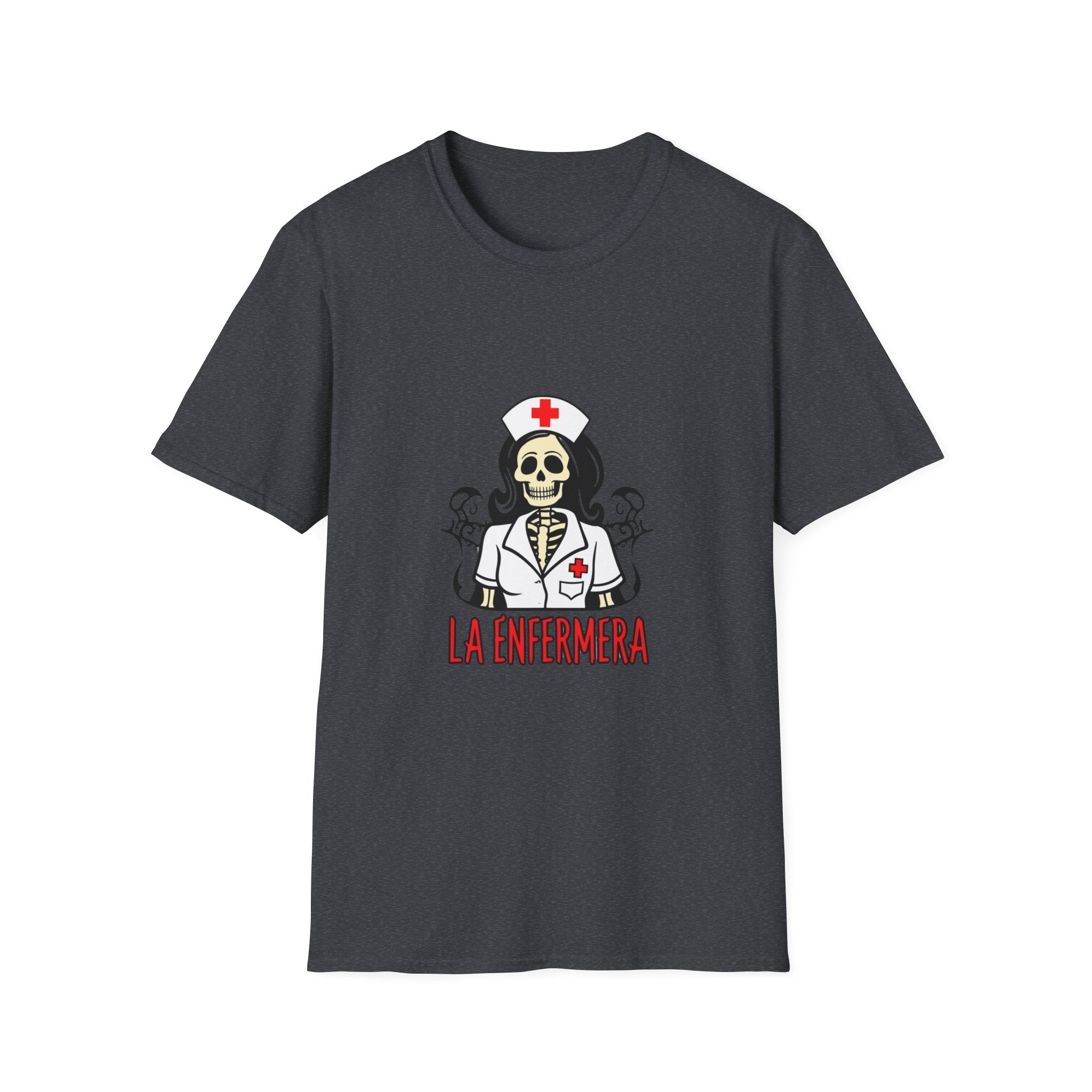 Illustration of a "La Enfermera Loteria Shirt" featuring a skeleton nurse in a white nurse's uniform with a red cross on the cap and chest. The design resembles a traditional loteria card with the text "La Enfermera" in bold red letters, perfect for Día de los Muertos and healthcare themes.