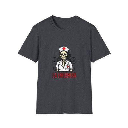 Illustration of a "La Enfermera Loteria Shirt" featuring a skeleton nurse in a white nurse's uniform with a red cross on the cap and chest. The design resembles a traditional loteria card with the text "La Enfermera" in bold red letters, perfect for Día de los Muertos and healthcare themes.