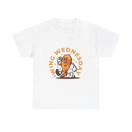 White t-shirt featuring a fun 'Wing Wednesday' design with a cartoon-style chicken wing character in motion. Perfect for food lovers and those who enjoy celebrating Wing Wednesday in style."