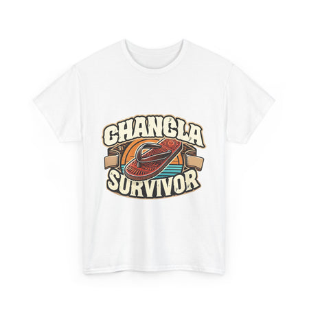 T-shirt featuring a retro-inspired 'Chancla Survivor' design with a graphic of a traditional sandal. Perfect for those with a sense of humor about family discipline and nostalgic cultural references.