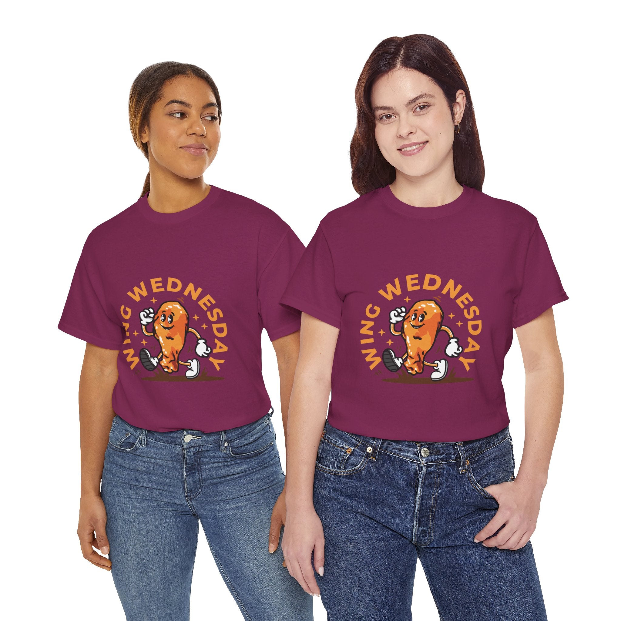 T-shirt featuring a fun 'Wing Wednesday' design with a cartoon-style chicken wing character in motion. Perfect for food lovers and those who enjoy celebrating Wing Wednesday in style.