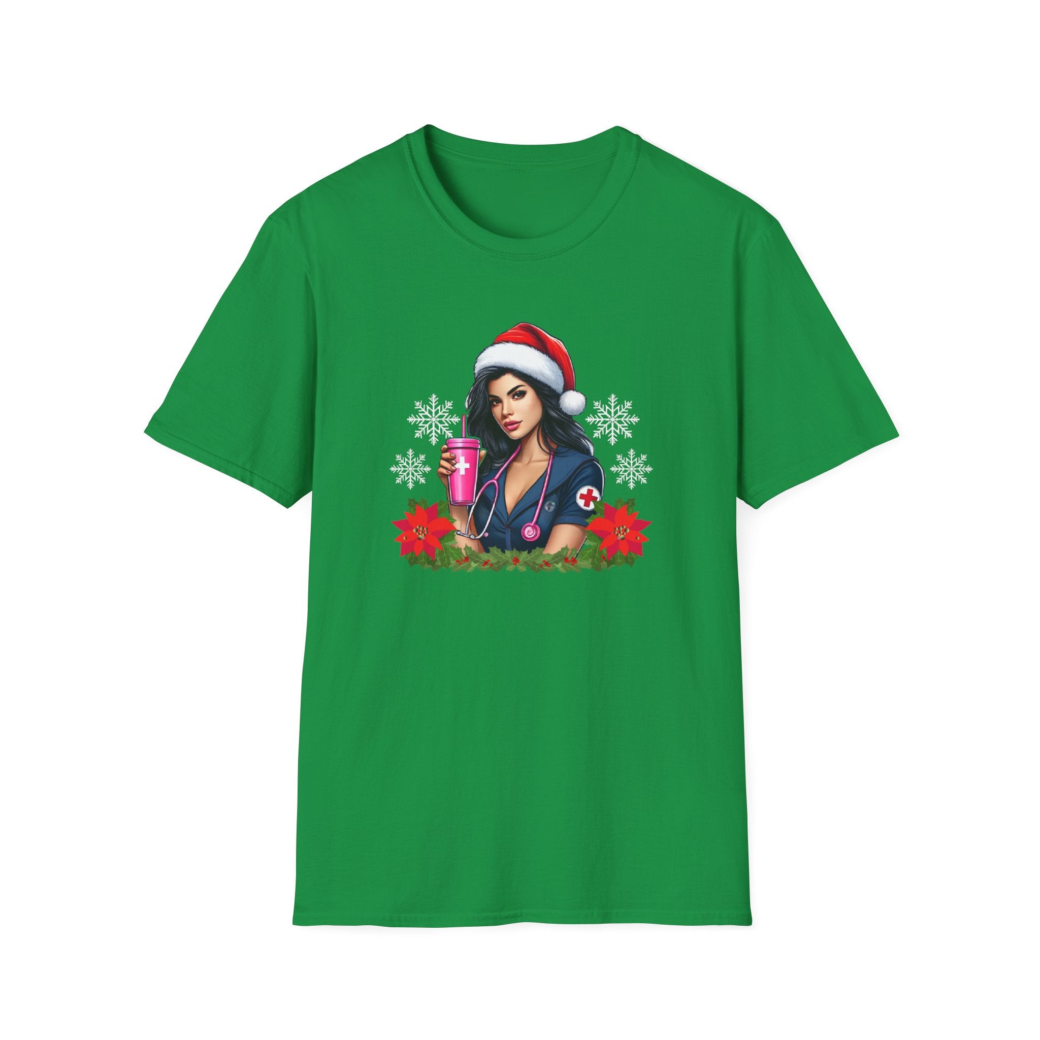 Green nurse-themed Christmas t-shirt featuring a stylish nurse in a Santa hat holding a festive pink drink, adorned with poinsettias and holiday greenery. Perfect holiday apparel for nurses looking to add festive cheer to their wardrobe.