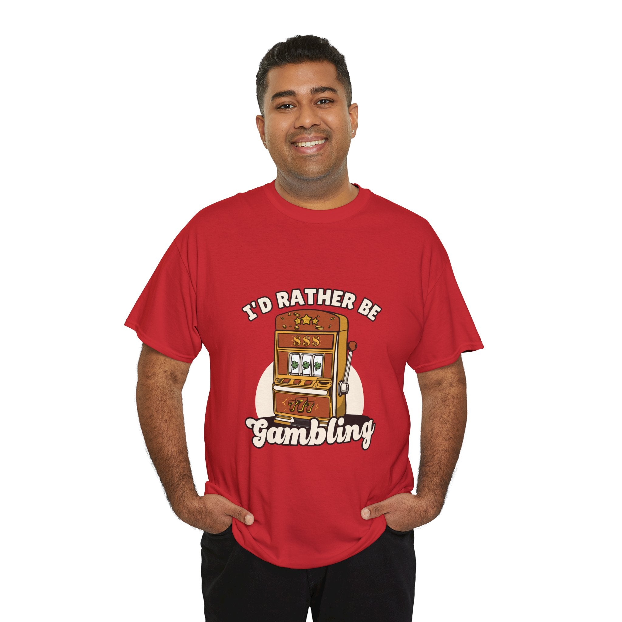 Person wearing a red t-shirt with the text "I'd Rather Be Gambling" and an illustration of a slot machine. This funny casino game shirt is perfect for anyone who loves gambling humor and casino-inspired designs