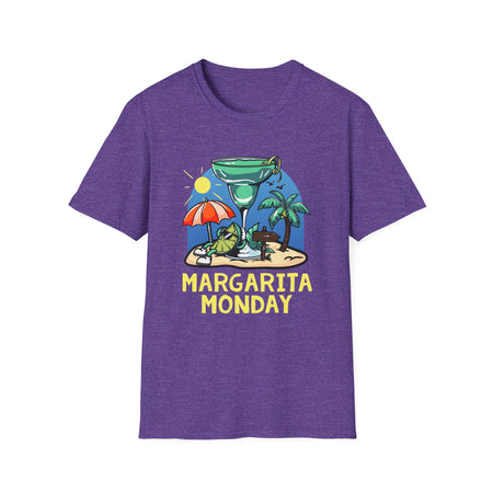  a purple t-shirt with a fun "Margarita Monday" design, showcasing tropical vibes with a large margarita glass, palm trees, and a beach scene. This image highlights creative Margarita Monday t-shirt design ideas, perfect for adding a touch of relaxation and celebration to casual outfits. The colorful artwork captures the spirit of a beach getaway, making this shirt a great choice for Margarita Monday fans.