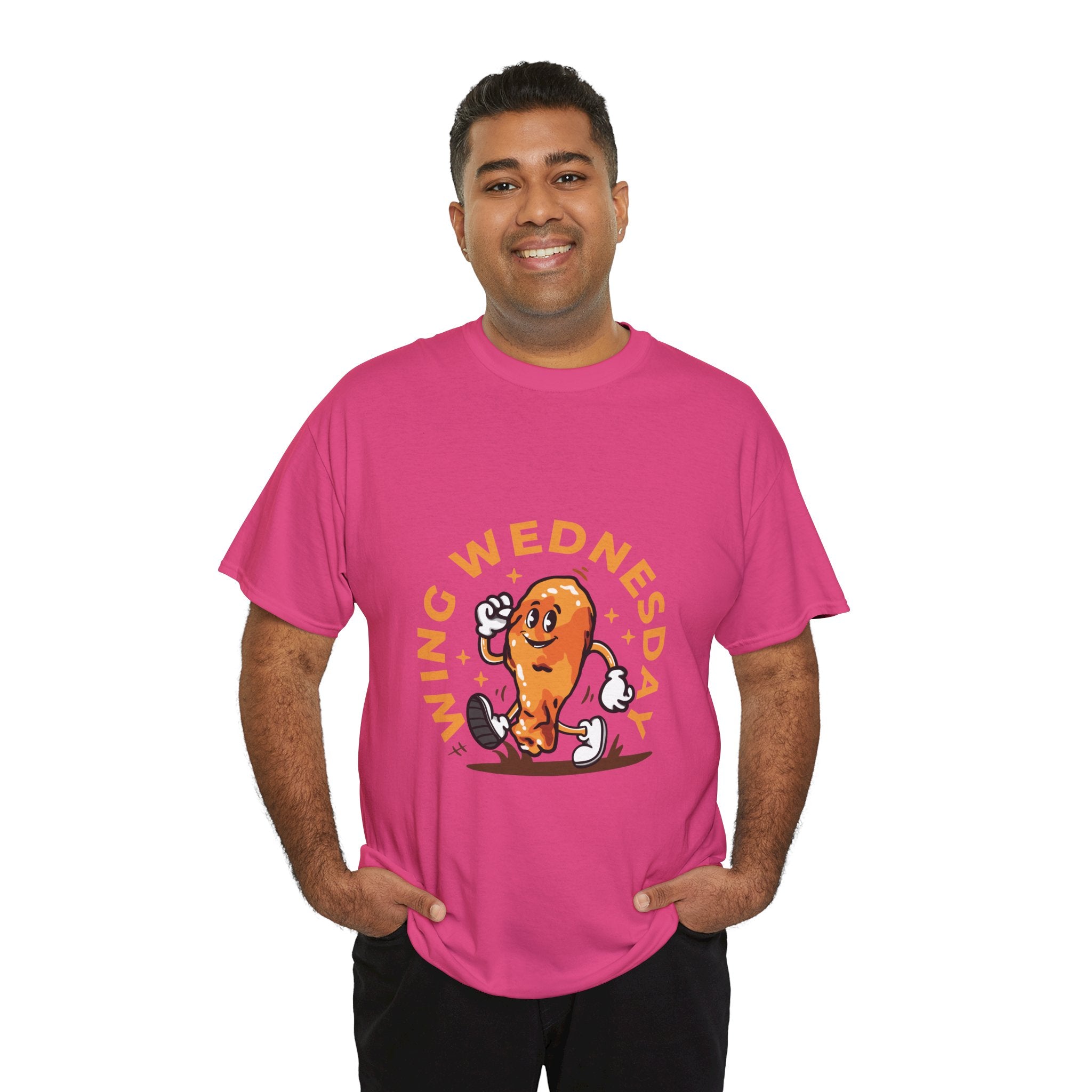 T-shirt featuring a fun 'Wing Wednesday' design with a cartoon-style chicken wing character in motion. Perfect for food lovers and those who enjoy celebrating Wing Wednesday in style.