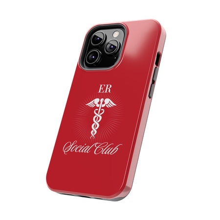 ER Social Club tough phone case in vibrant red with a white Caduceus symbol, representing emergency medical services. The case features the text 'ER Social Club' in elegant script, combining style with durable protection for healthcare professionals. Compatible with iPhone and Samsung models, this case offers impact resistance and a glossy finish for a professional and stylish look.