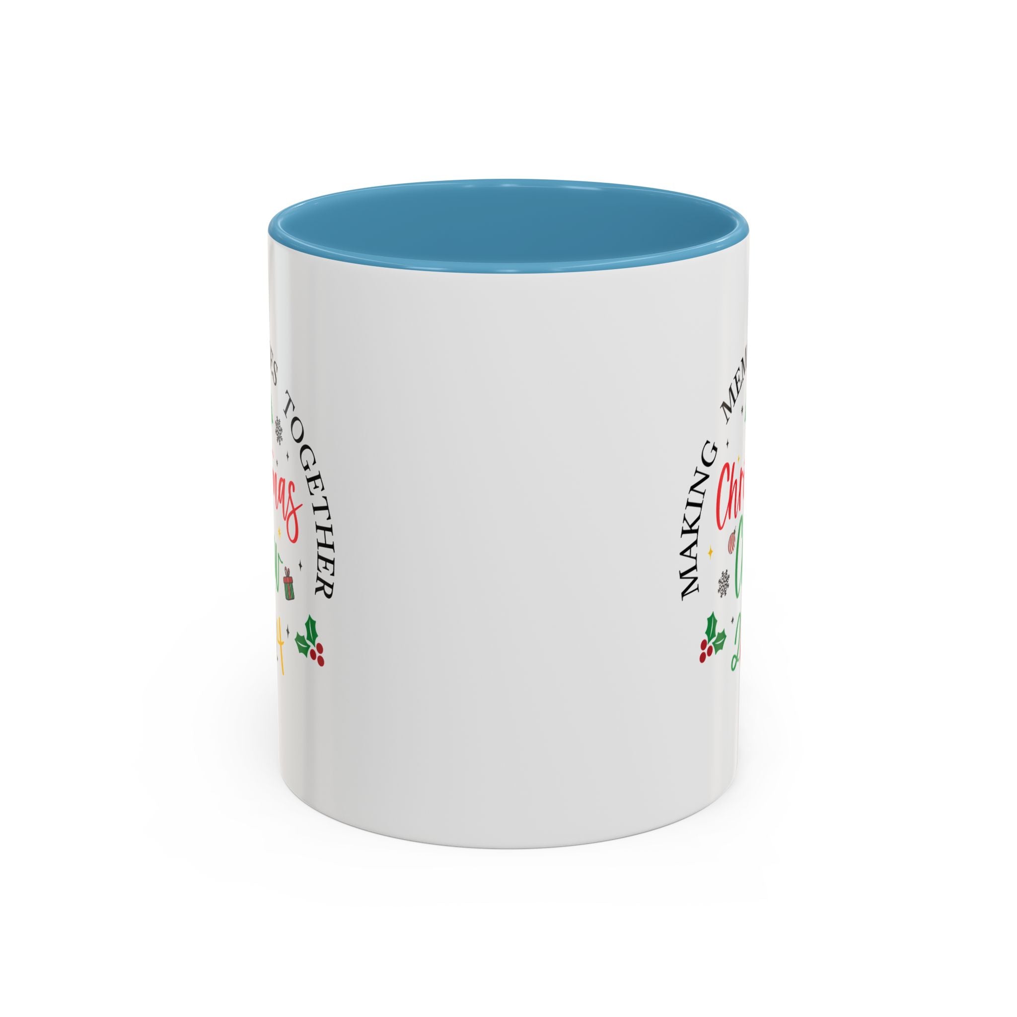 A white Festive Christmas Coffee Cup featuring a colorful "Christmas Crew 2024" design. The text reads "Making Memories Together" with holiday-themed icons, including Christmas trees, snowflakes, holly, and a small gift box. This cheerful cup is perfect for spreading holiday cheer and enjoying warm drinks during the festive season.