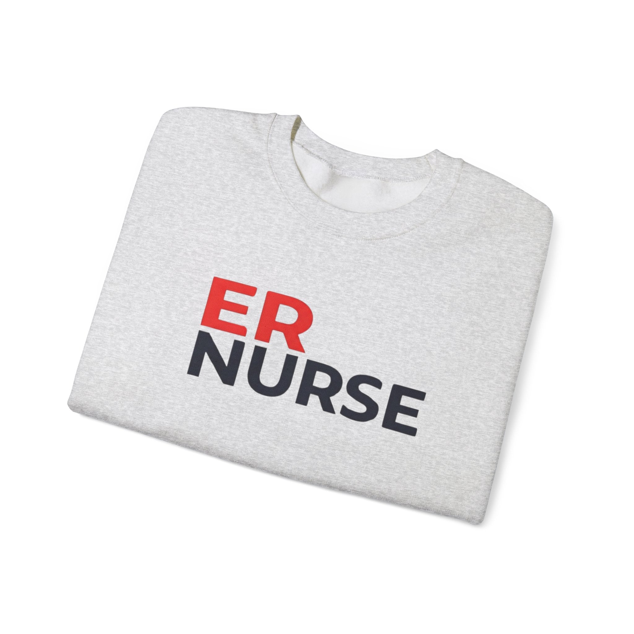 A folded light gray ER Nurse Sweatshirt with the design visible, displayed against a white background.