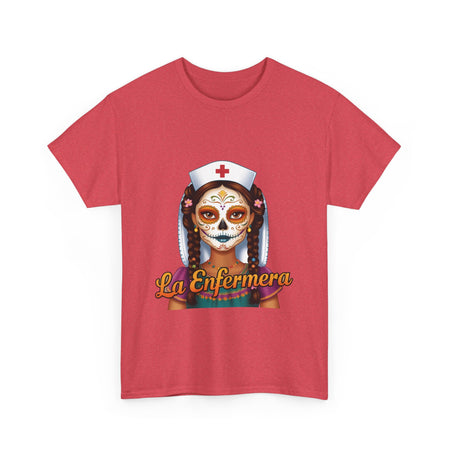 A picture of a nurse wearing a t shirt with a graphic of the day of the dead nurse on the front and it reads La Enfermera