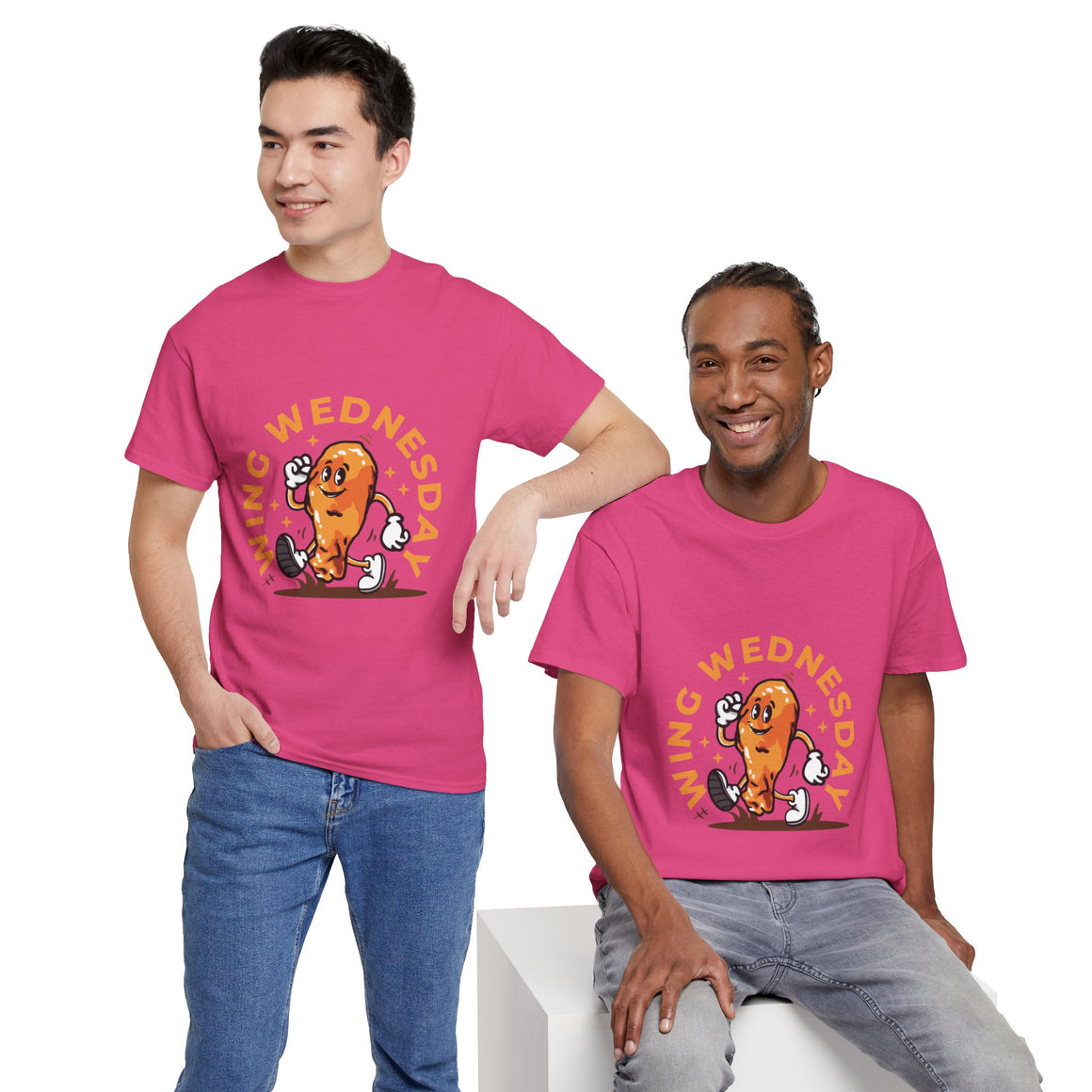 T-shirt featuring a fun 'Wing Wednesday' design with a cartoon-style chicken wing character in motion. Perfect for food lovers and those who enjoy celebrating Wing Wednesday in style.