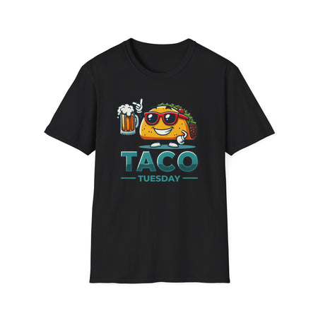 Black 'Taco Tuesday' t-shirt featuring a fun taco character wearing sunglasses and holding a frothy beer mug. Perfect for celebrating Taco Tuesday in a playful, foodie-inspired style.