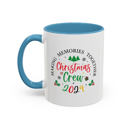 A white Festive Christmas Coffee Cup featuring a colorful "Christmas Crew 2024" design. The text reads "Making Memories Together" with holiday-themed icons, including Christmas trees, snowflakes, holly, and a small gift box. This cheerful cup is perfect for spreading holiday cheer and enjoying warm drinks during the festive season.