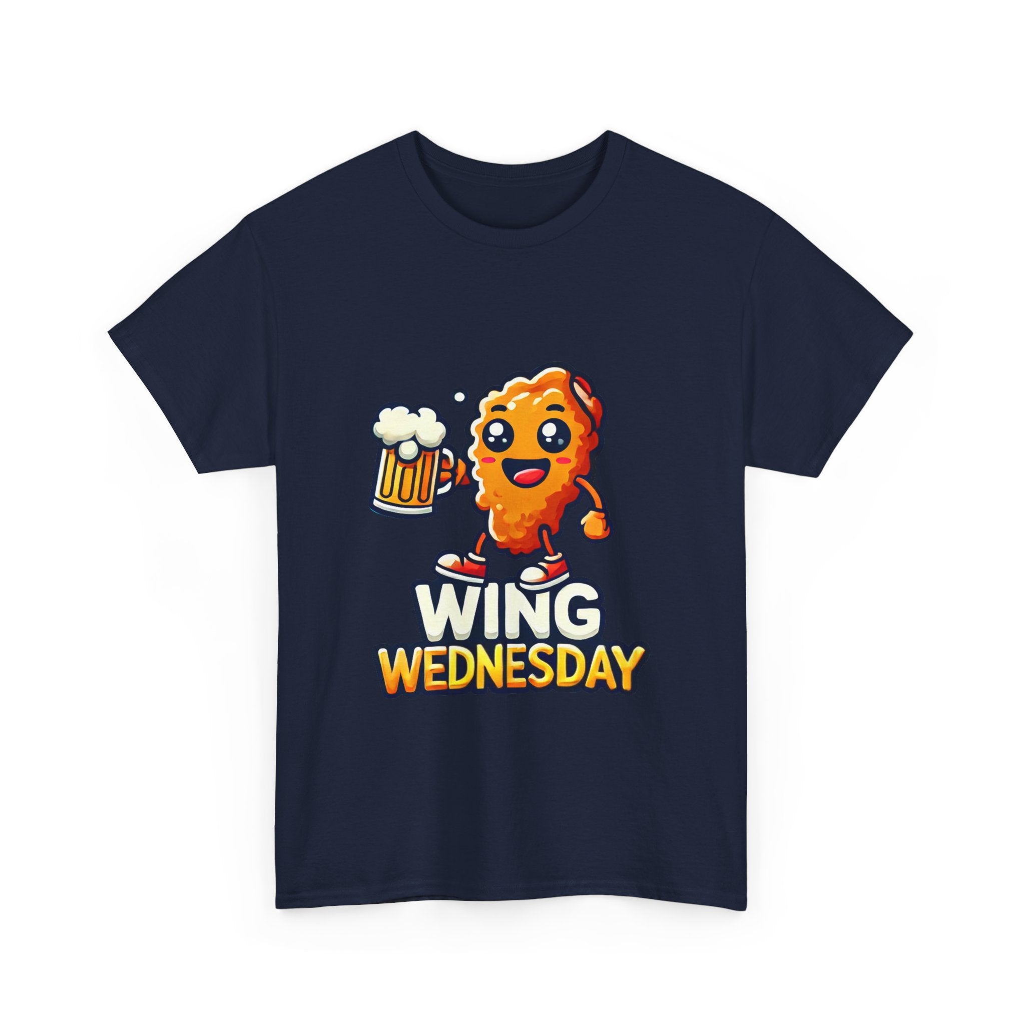 Wing Wednesday' t-shirt featuring a cheerful, cartoon-style chicken wing character holding a beer mug. Perfect for those who love celebrating Wing Wednesday with a fun and playful design.
