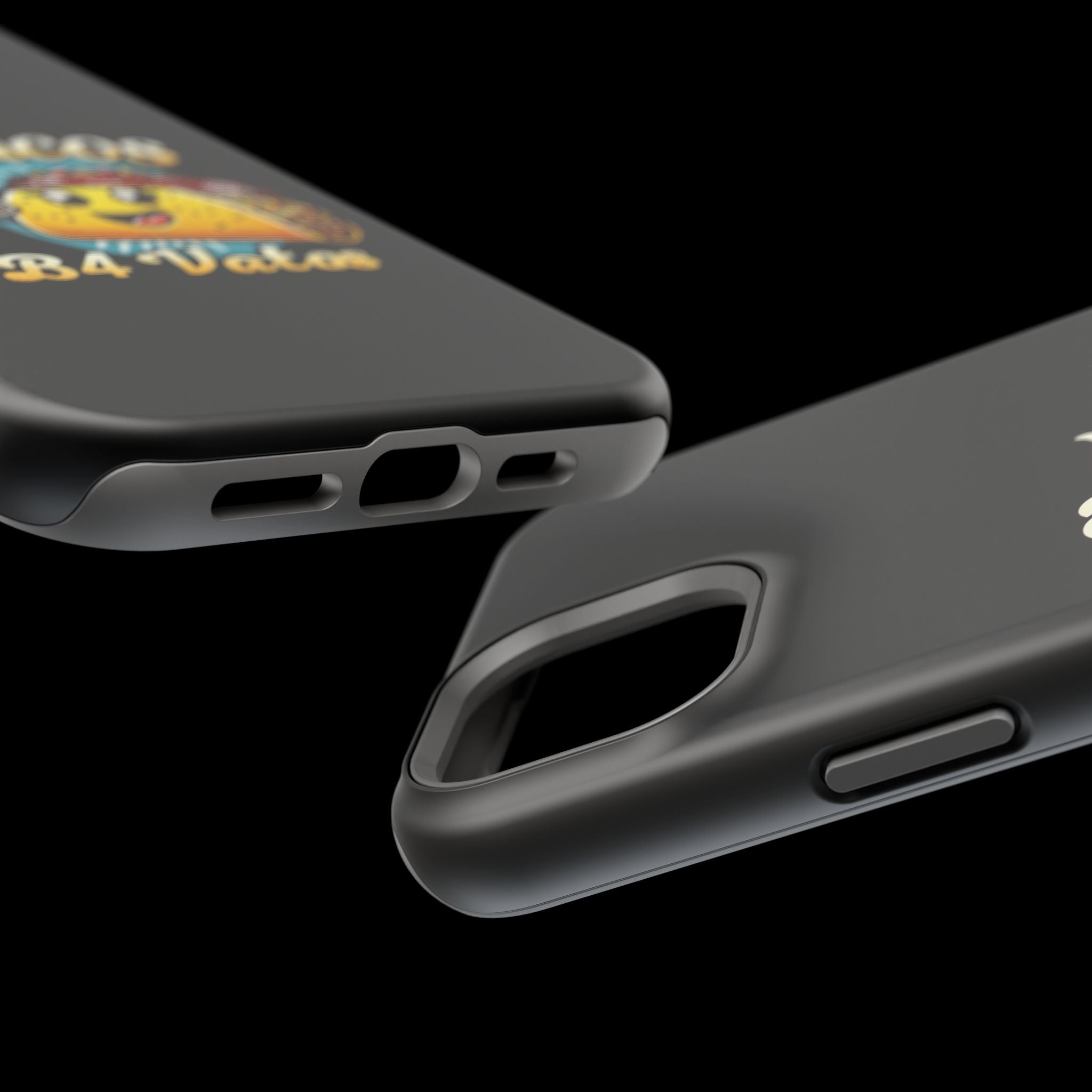 Black iPhone 16 magnetic phone case featuring a playful 'Tacos B4 Vatos' design with a cheerful taco character holding a frothy beer mug. Perfect for taco lovers who want a fun and unique phone accessory.