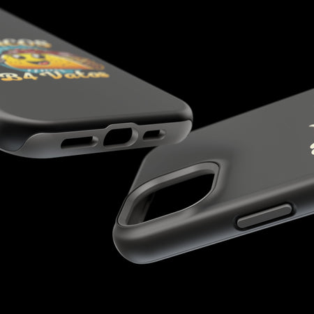 Black iPhone 16 magnetic phone case featuring a playful 'Tacos B4 Vatos' design with a cheerful taco character holding a frothy beer mug. Perfect for taco lovers who want a fun and unique phone accessory.