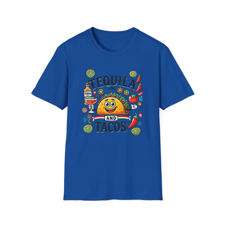 T-shirt featuring a festive 'Tequila and Tacos' design with a smiling taco character, tequila bottle, margarita glass, lime slices, and chili peppers. Perfect for celebrating fiestas and taco nights with a fun and lively style.