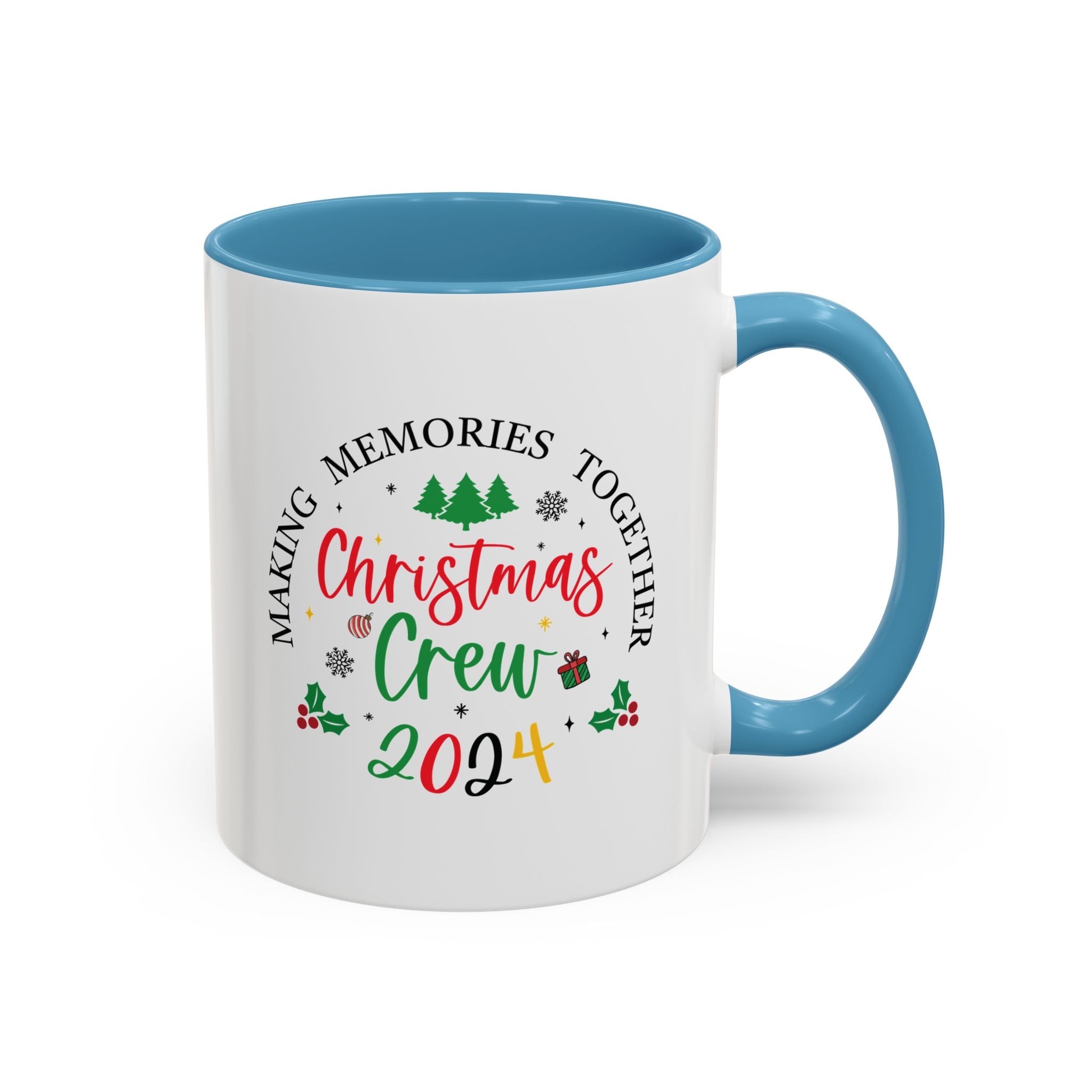 A white Festive Christmas Coffee Cup featuring a colorful "Christmas Crew 2024" design. The text reads "Making Memories Together" with holiday-themed icons, including Christmas trees, snowflakes, holly, and a small gift box. This cheerful cup is perfect for spreading holiday cheer and enjoying warm drinks during the festive season.