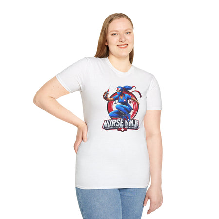 A white T-shirt  featuring one of the Nurse Ninja t-shirt designs, depicting a dynamic nurse dressed as a ninja holding a syringe. The graphic includes the text "Nurse Ninja - Fighting Sickness, Healing Patients," showcasing a bold and heroic theme, perfect for healthcare professionals.