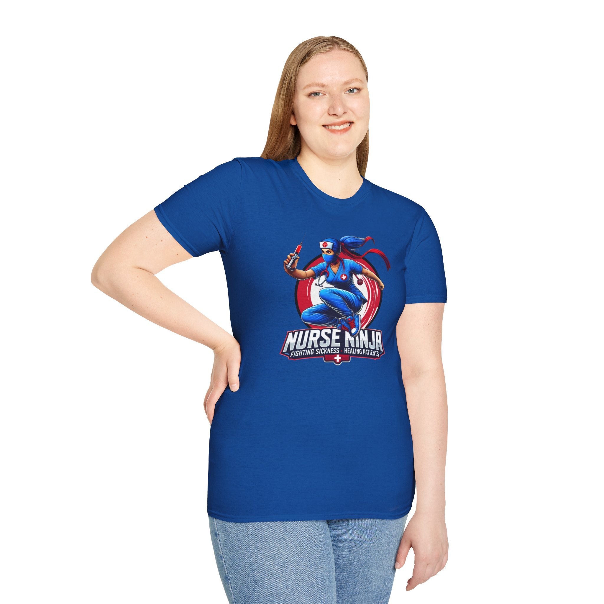 A Royal Blue T-shirt  featuring one of the Nurse Ninja t-shirt designs, depicting a dynamic nurse dressed as a ninja holding a syringe. The graphic includes the text "Nurse Ninja - Fighting Sickness, Healing Patients," showcasing a bold and heroic theme, perfect for healthcare professionals.