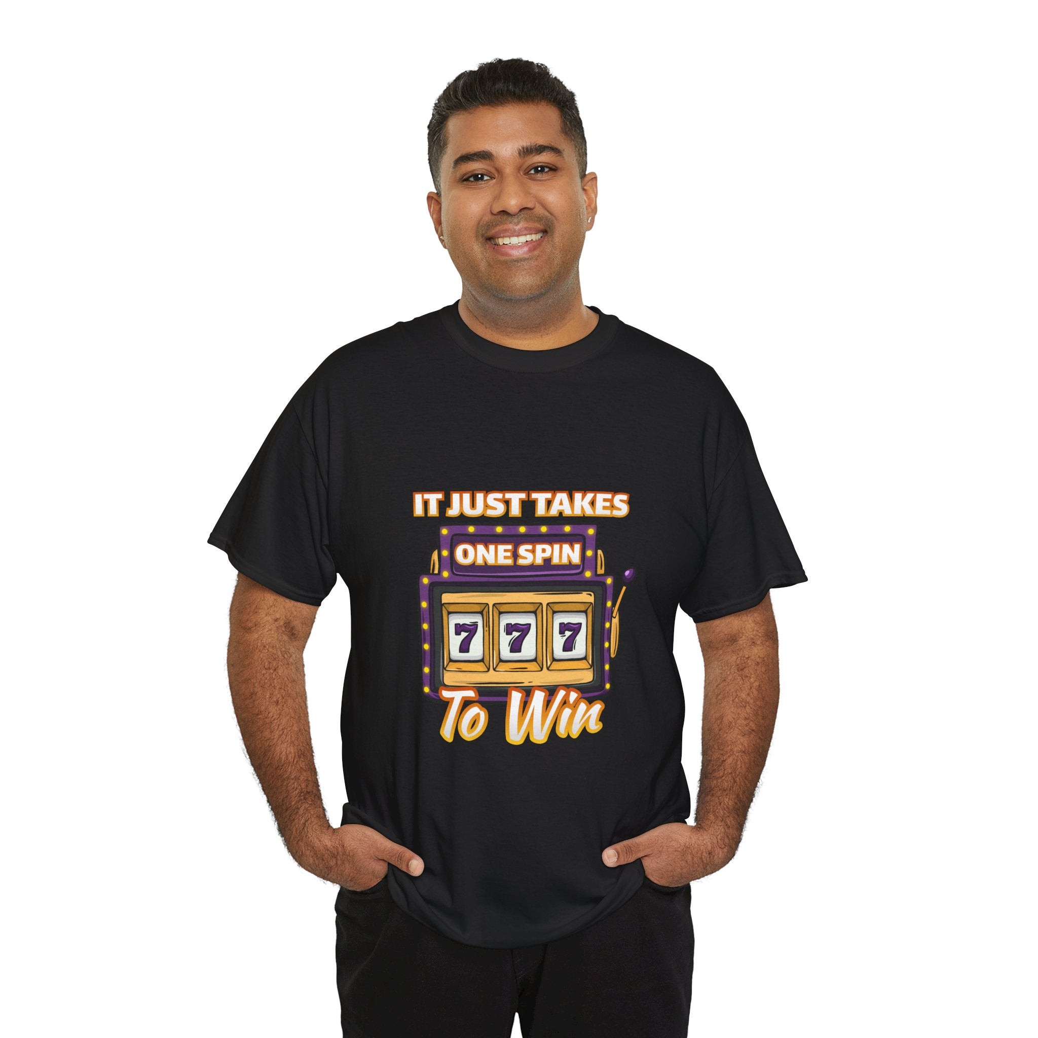 Person wearing a black t-shirt with the text "It Just Takes One Spin To Win" and a slot machine illustration showing triple sevens. This is one of the popular gambling style shirts funny and perfect for anyone who loves casino humor and the thrill of winning.
