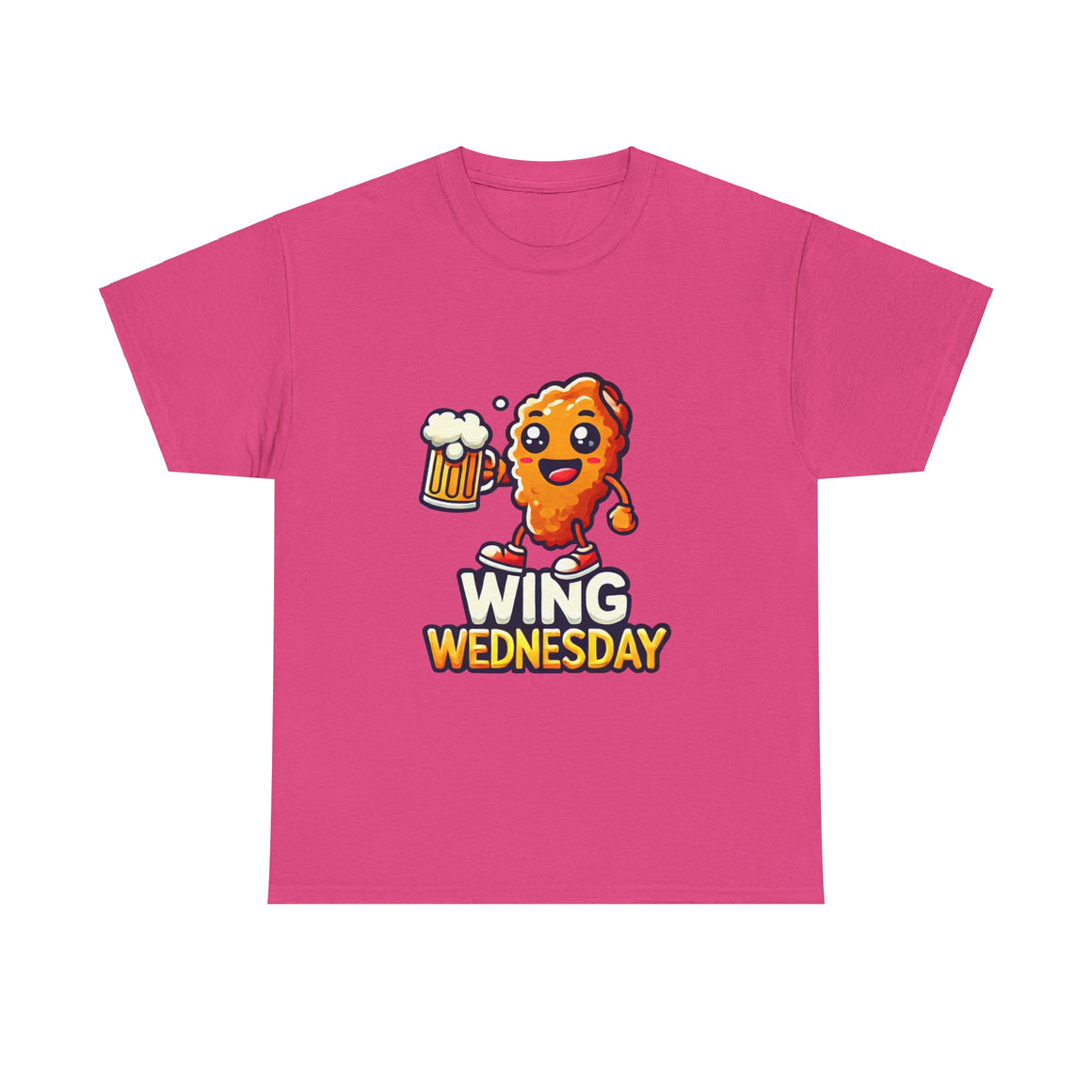 Wing Wednesday' t-shirt featuring a cheerful, cartoon-style chicken wing character holding a beer mug. Perfect for those who love celebrating Wing Wednesday with a fun and playful design.