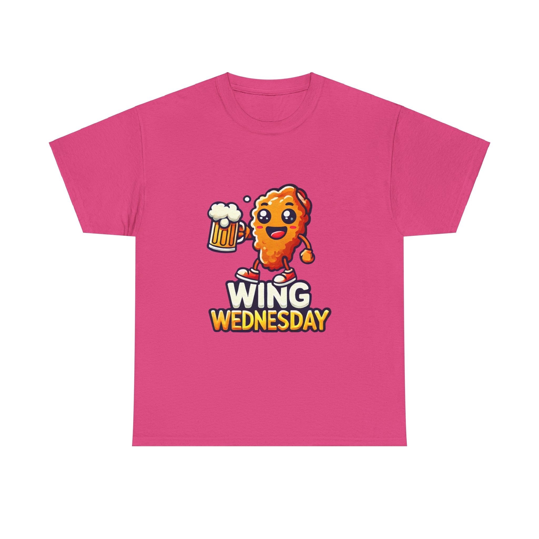 Wing Wednesday' t-shirt featuring a cheerful, cartoon-style chicken wing character holding a beer mug. Perfect for those who love celebrating Wing Wednesday with a fun and playful design.