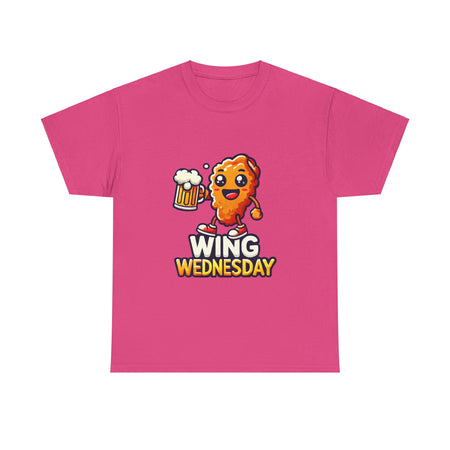 Wing Wednesday' t-shirt featuring a cheerful, cartoon-style chicken wing character holding a beer mug. Perfect for those who love celebrating Wing Wednesday with a fun and playful design.