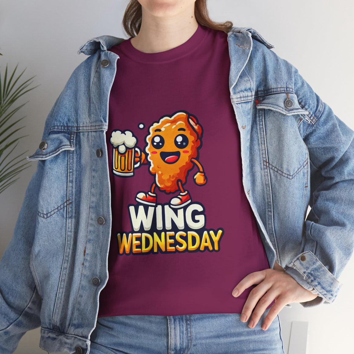 Berry Wing Wednesday' t-shirt featuring a cheerful, cartoon-style chicken wing character holding a beer mug. Perfect for those who love celebrating Wing Wednesday with a fun and playful design.