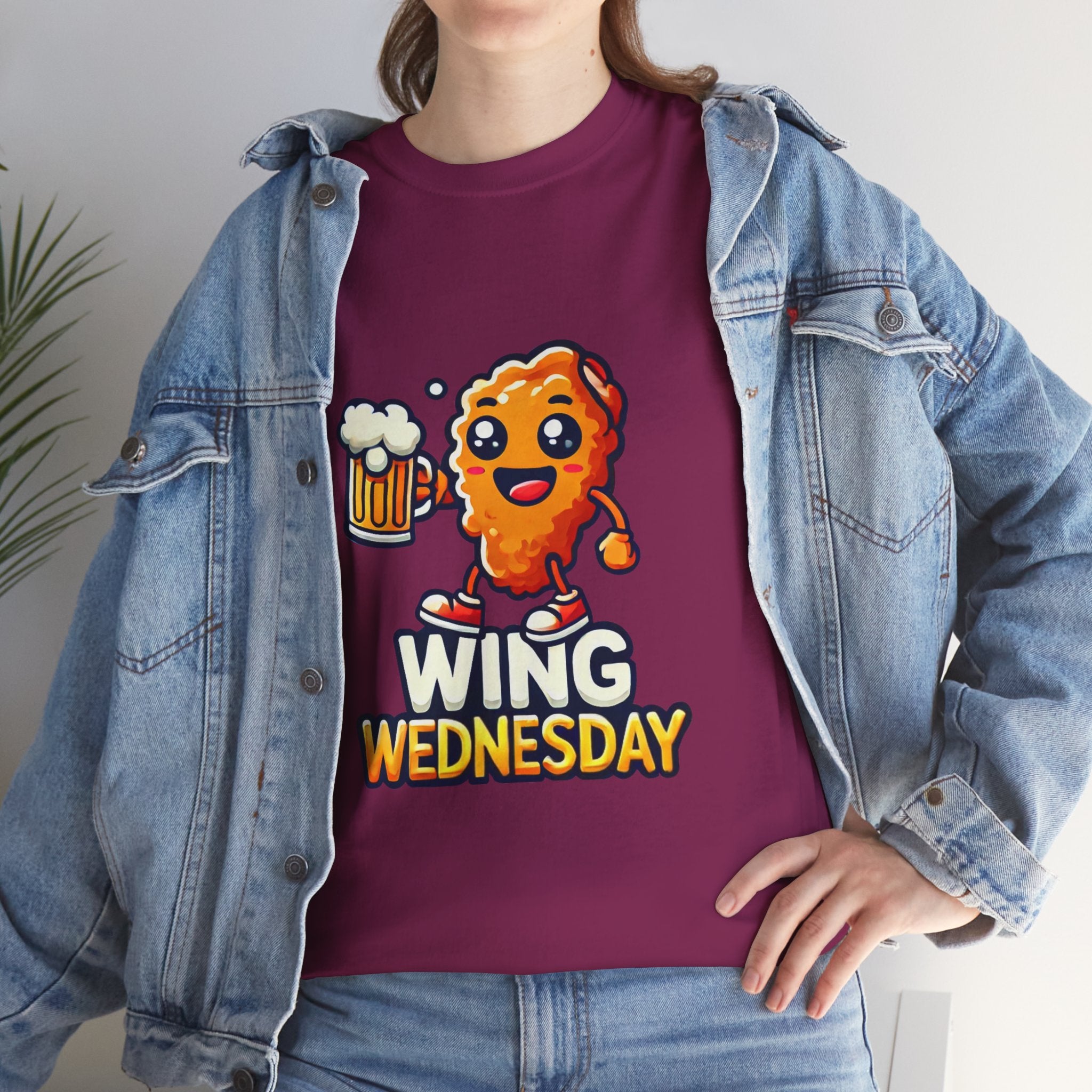 Berry Wing Wednesday' t-shirt featuring a cheerful, cartoon-style chicken wing character holding a beer mug. Perfect for those who love celebrating Wing Wednesday with a fun and playful design.