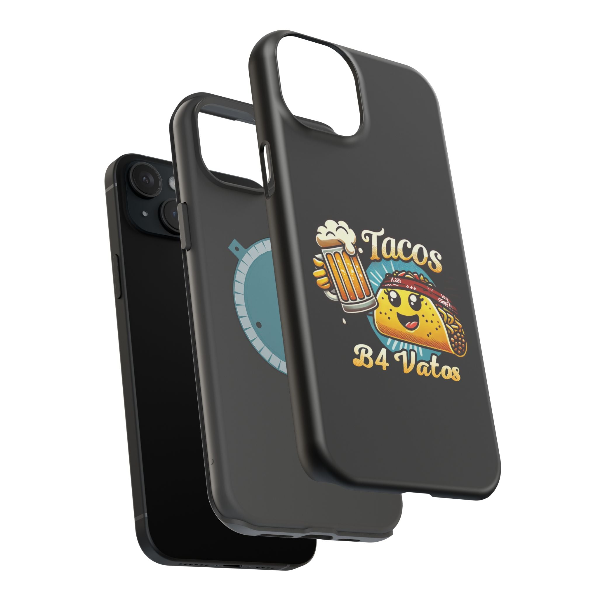 Black iPhone 16 magnetic phone case featuring a playful 'Tacos B4 Vatos' design with a cheerful taco character holding a frothy beer mug. Perfect for taco lovers who want a fun and unique phone accessory.