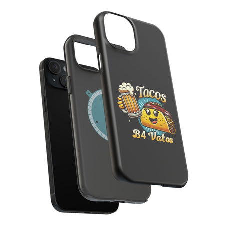 Black iPhone 16 magnetic phone case featuring a playful 'Tacos B4 Vatos' design with a cheerful taco character holding a frothy beer mug. Perfect for taco lovers who want a fun and unique phone accessory.