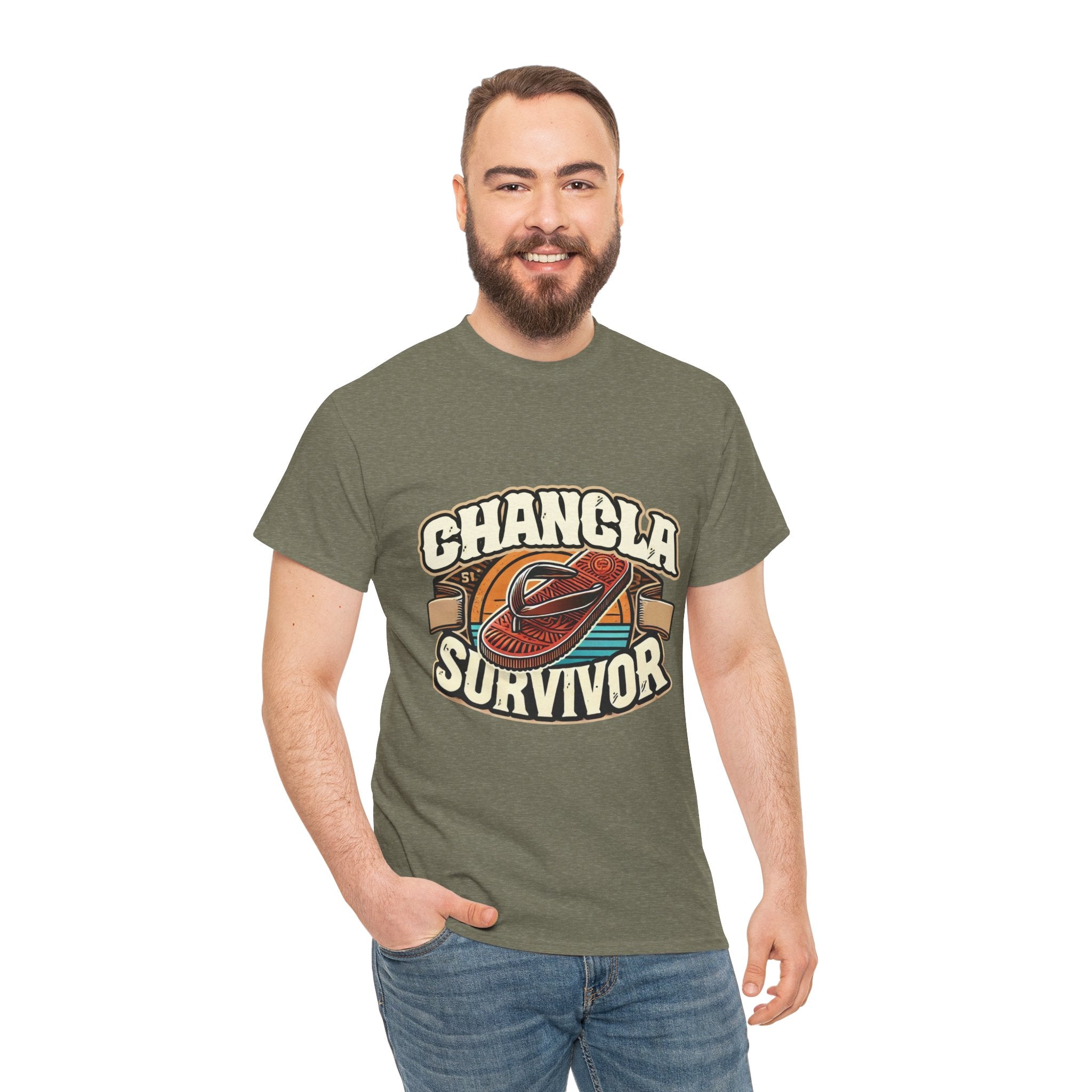 Funny Mexican t-shirt featuring the phrase 'Chancla Survivor. T-shirt featuring a retro-inspired 'Chancla Survivor' design with a graphic of a traditional sandal. Perfect for those with a sense of humor about family discipline and nostalgic cultural references.