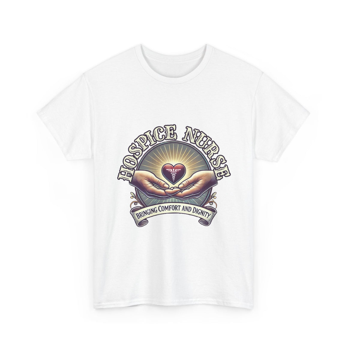 White Hospice nurse t-shirt featuring a compassionate design with hands holding a heart and the phrase 'Bringing Comfort and Dignity,' symbolizing the care and support provided by hospice nurses. Ideal for hospice nurses who are dedicated to their mission.