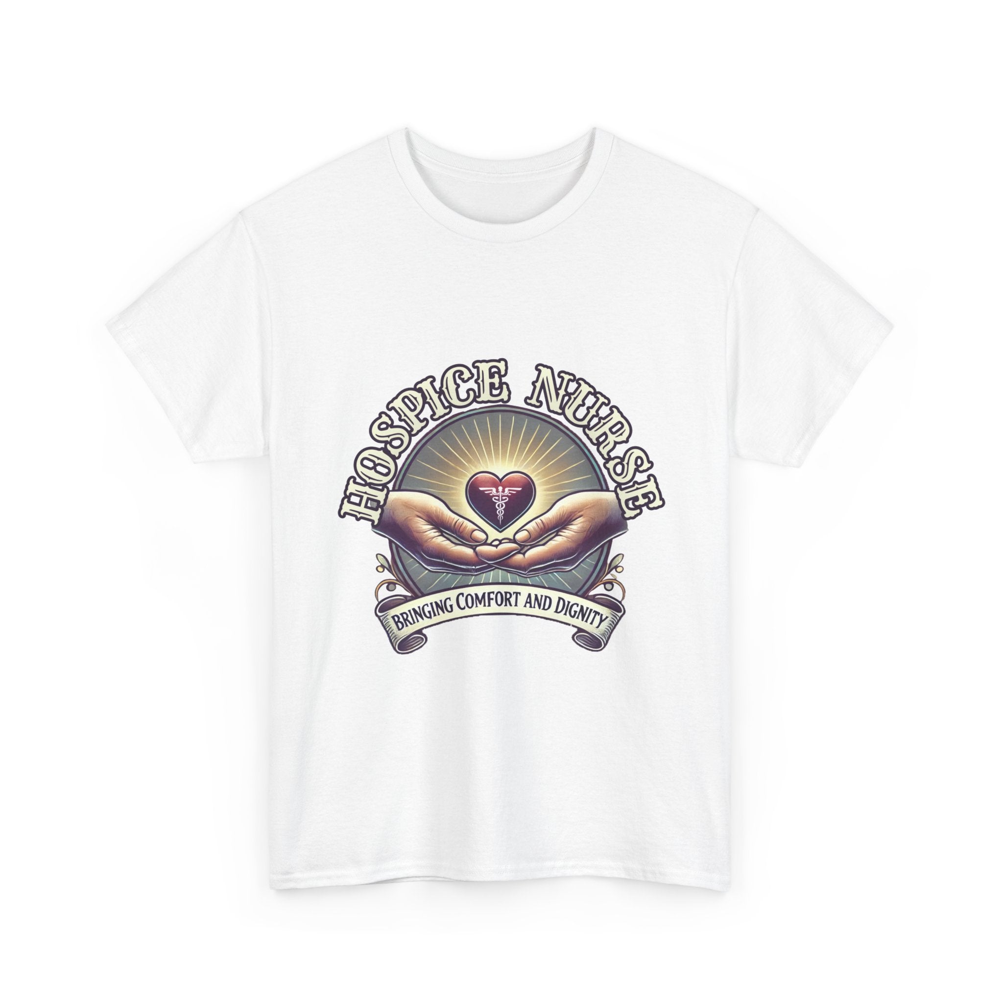 White Hospice nurse t-shirt featuring a compassionate design with hands holding a heart and the phrase 'Bringing Comfort and Dignity,' symbolizing the care and support provided by hospice nurses. Ideal for hospice nurses who are dedicated to their mission.