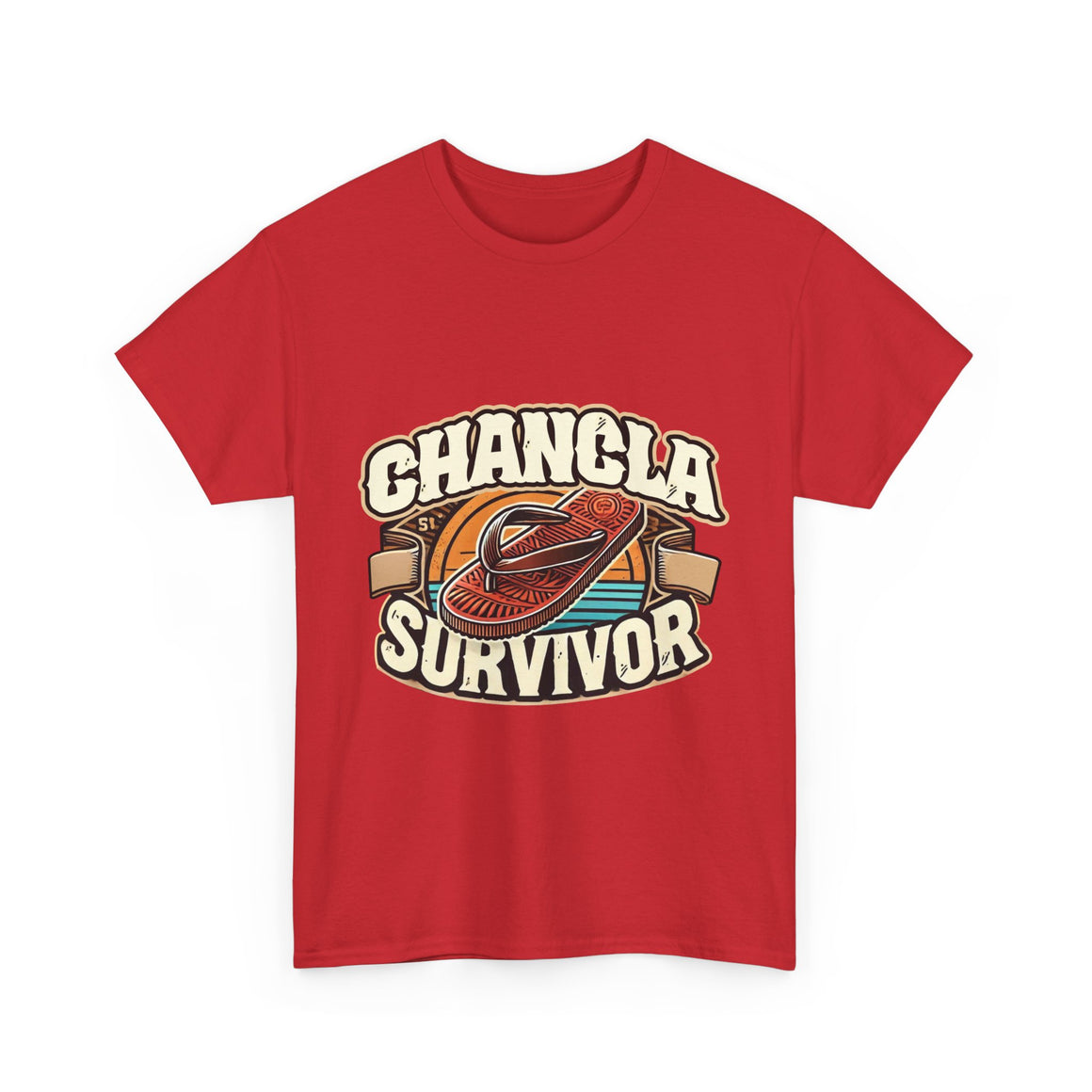 T-shirt featuring a retro-inspired 'Chancla Survivor' design with a graphic of a traditional sandal. Perfect for those with a sense of humor about family discipline and nostalgic cultural references.
