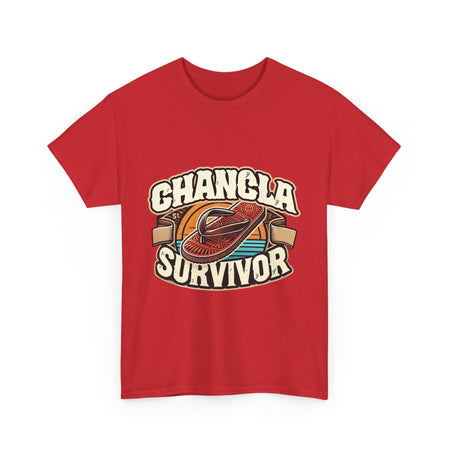 T-shirt featuring a retro-inspired 'Chancla Survivor' design with a graphic of a traditional sandal. Perfect for those with a sense of humor about family discipline and nostalgic cultural references.