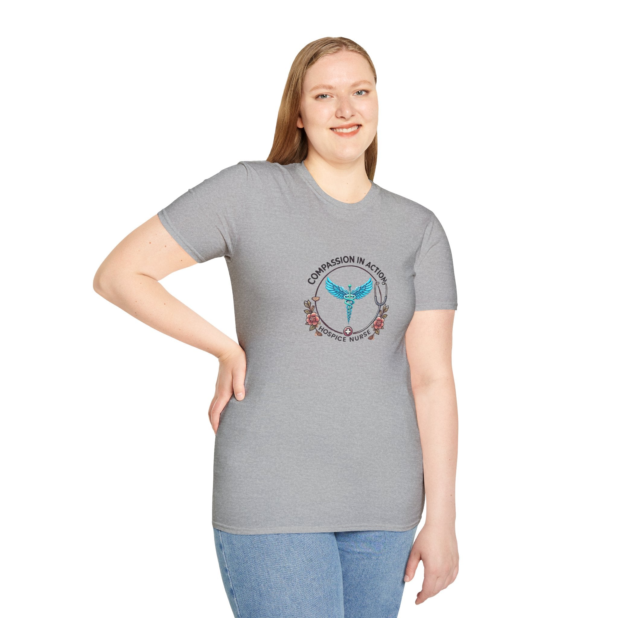 Hospice nurse t-shirt featuring the phrase 'Compassion in Action' with a medical caduceus symbol, flowers, and stethoscope graphic. Ideal for hospice nurses who bring compassion and care to their work.