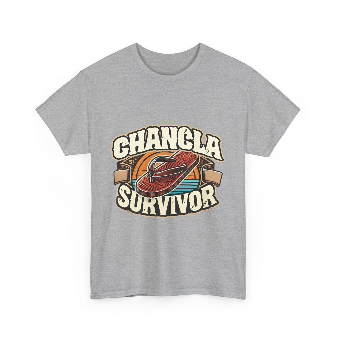 T-shirt featuring a retro-inspired 'Chancla Survivor' design with a graphic of a traditional sandal. Perfect for those with a sense of humor about family discipline and nostalgic cultural references.