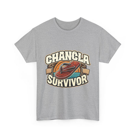 T-shirt featuring a retro-inspired 'Chancla Survivor' design with a graphic of a traditional sandal. Perfect for those with a sense of humor about family discipline and nostalgic cultural references.