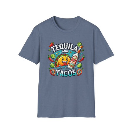 T-shirt featuring a lively 'Tequila and Tacos' design with a cheerful taco character, tequila bottle, lime slices, chili peppers, and festive decorations. Ideal for taco lovers and tequila fans who enjoy a fun, fiesta-inspired look.