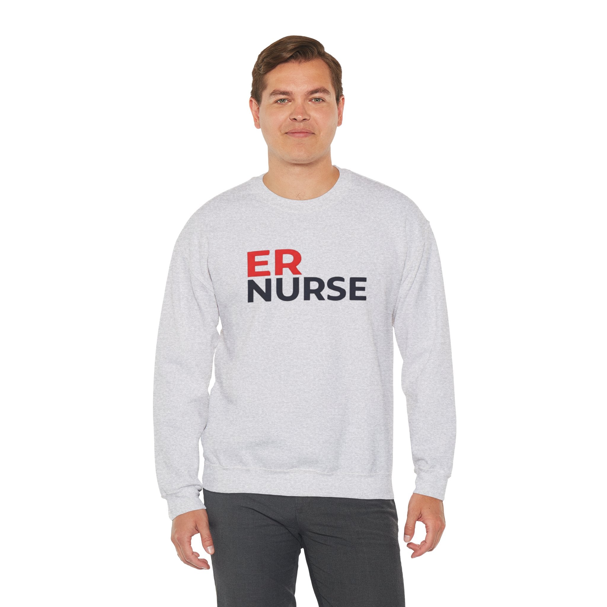 A man wearing a light gray ER Nurse Sweatshirt, standing confidently against a white background.