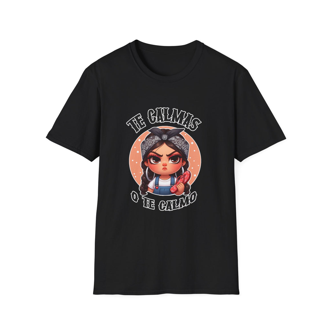 Black t-shirt featuring a feisty cartoon character with the Spanish phrase 'Te Calmas o Te Calmo,' adding a humorous and bold statement. Ideal for those with a playful attitude and love for expressive, culturally inspired designs