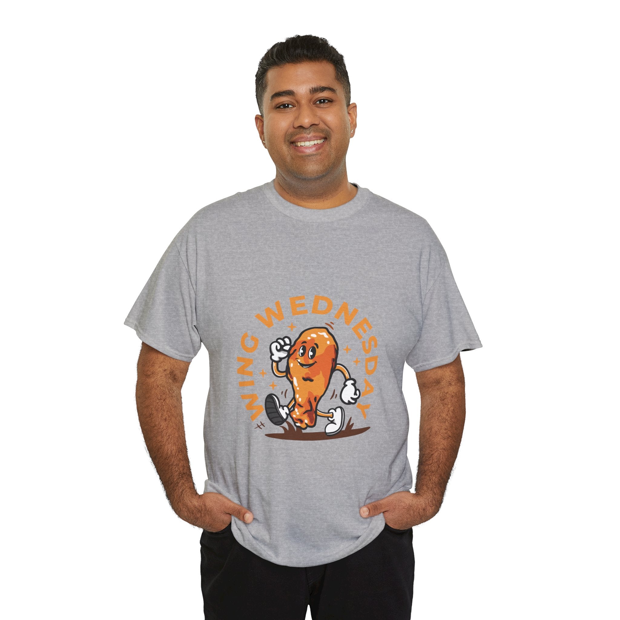 T-shirt featuring a fun 'Wing Wednesday' design with a cartoon-style chicken wing character in motion. Perfect for food lovers and those who enjoy celebrating Wing Wednesday in style.