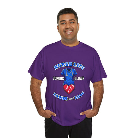 A smiling man wearing a purple T-shirt with the design "Nurse Life - Scrubs, Gloves, Laugh and Love," featuring a stethoscope and heart symbol. This shirt is part of a Nurse Week clothing gift collection, ideal for nurses to celebrate and showcase their dedication. Perfect for Nurse Week clothing gifts for nurses.