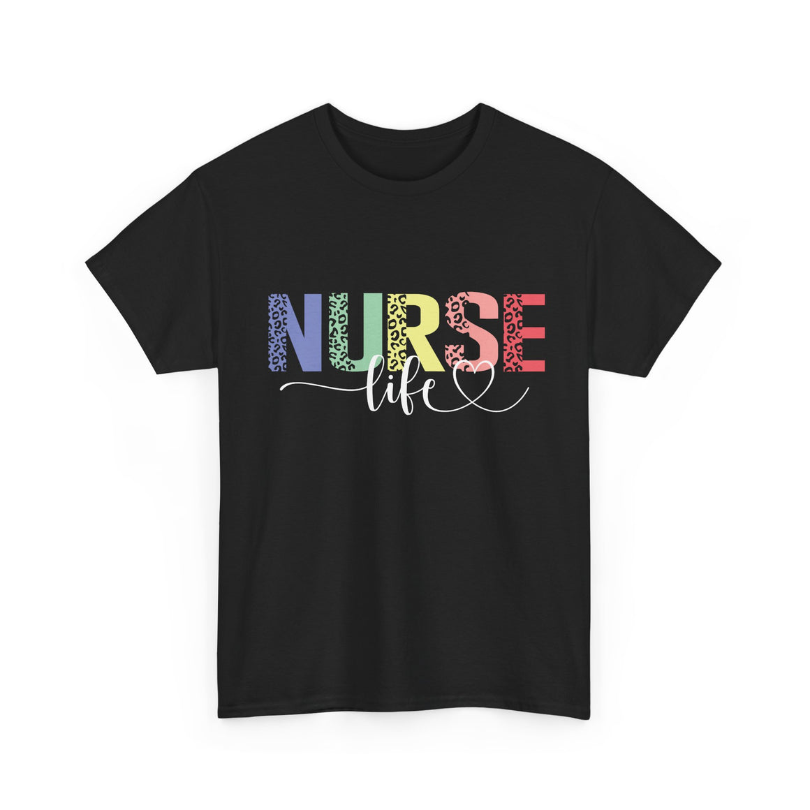 A black t-shirt with a colorful 'Nurse Life' design, showcasing nurse life t-shirt nurse week ideas for a stylish and professional look.