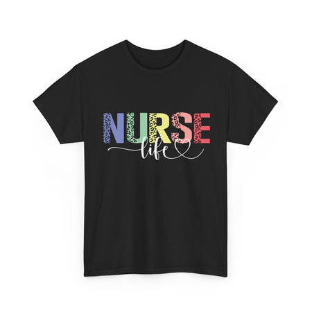 A black t-shirt with a colorful 'Nurse Life' design, showcasing nurse life t-shirt nurse week ideas for a stylish and professional look.