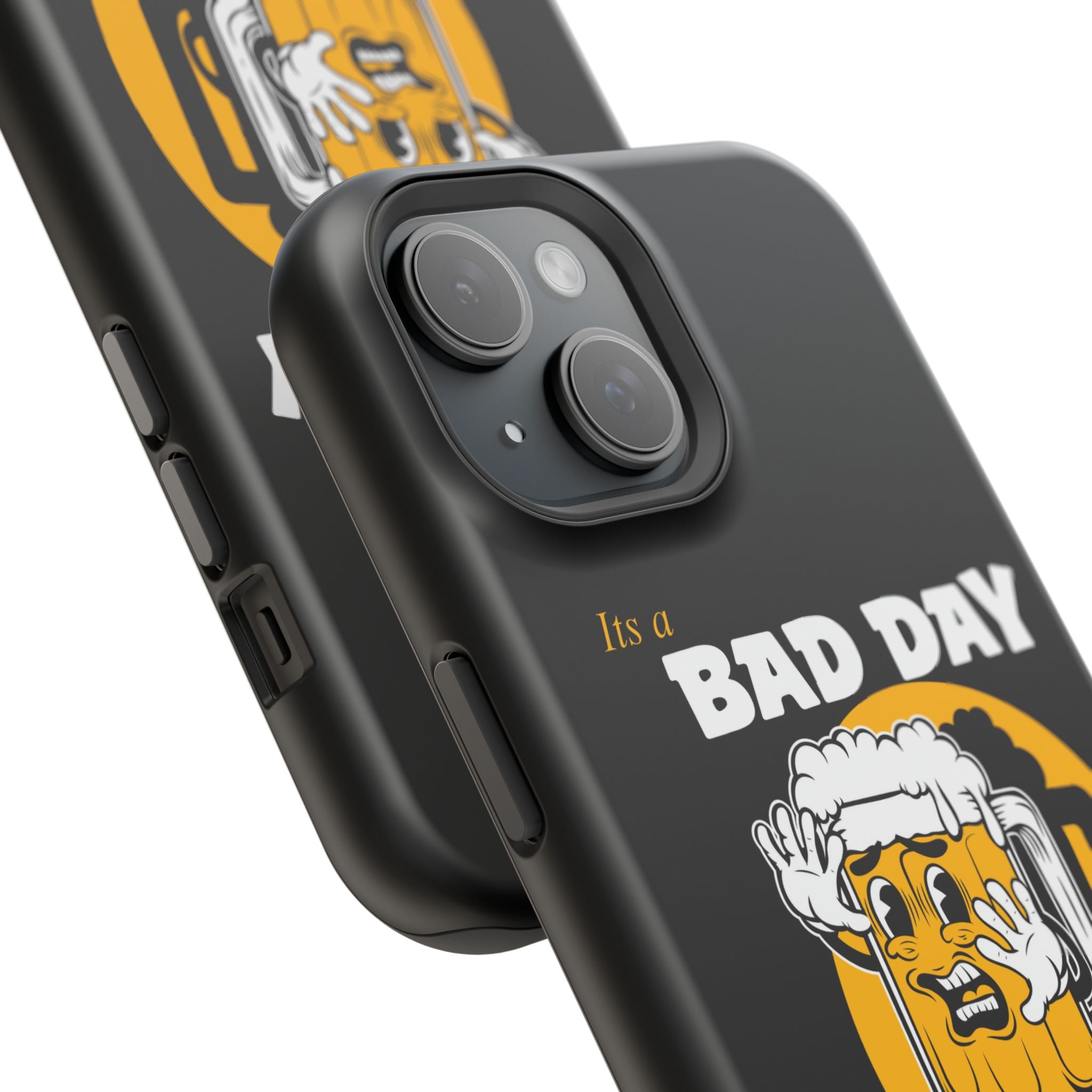 It's a Bad Day to Be a Beer Magnetic Tough Phone Case - Black case with humorous beer character design. Dual-layer protection with polycarbonate shell and flexible TPU lining. Compatible with MagSafe® accessories. Fun, durable phone case for beer lovers.